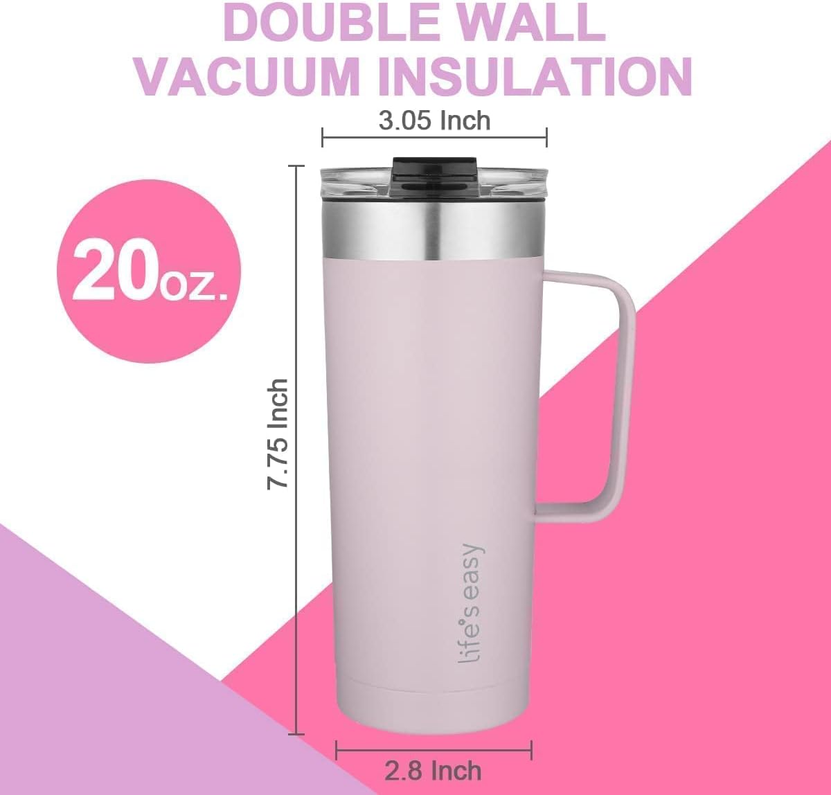 Life's Easy 20oz Stainless Steel Mug w/Handle - Double Wall Insulated Travel Tumbler w/Flip Lid - Leak Proof Tumbler-Thermal Cup for Coffee, Tea & More - Keep Hot & Cold Drinks (Lavender, 20 oz) - Image 5