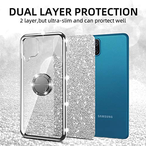 For Samsung Galaxy A12 5G Case Glitter Luxury Cute Tpu Silicone Slim Phone Case For Women Girls With Kickstand, Sparkles Bling Diamond Rhinestone Ring Stand & Strap Case For Samsung A12 5G (Silver) #TOP3