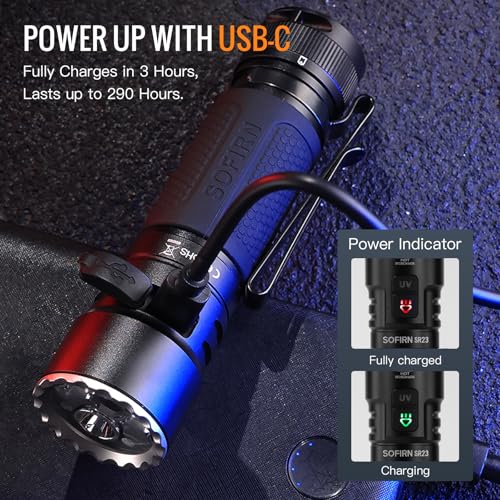 sofirn SR23 3300 Lumens EDC Flashlight USB C Rechargeable, Bright LED Flashlight with UV Light, High Lumens Portable Handheld Dual Sources Pocket Light for Outdoor, Checking, Working, Emergency