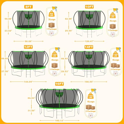1500LBS Tranpoline Outdoor 8 10 12 14 16FT Tranpoline for Kids and Adults,【Easy to Install & Built to Last】 Recreational Tranpolines with Net, Light+Sprinkler, Basketball Hoop, ASTM Approved