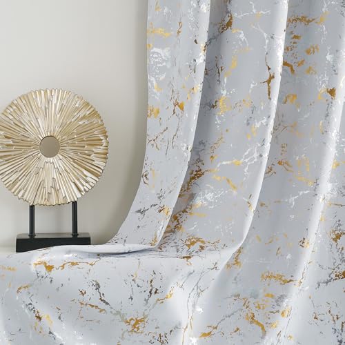 NICETOWN 100% Blackout Gold Silver Foil Marble Print White Base Curtains for Living Room Bedroom 84 Inches Long Modern Room Darkening Soundproof Thermal Insulated White Grommet Drapes, 52' W, 2 Panels