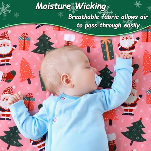 Image of Christmas Crib Sheet, Baby Fitted Crib Sheet with Santa Claus, Christmas Trees, Gifts, Measuring 52 inch x 28 inch to fit Standard Crib and Toddler Mattresses, Pink