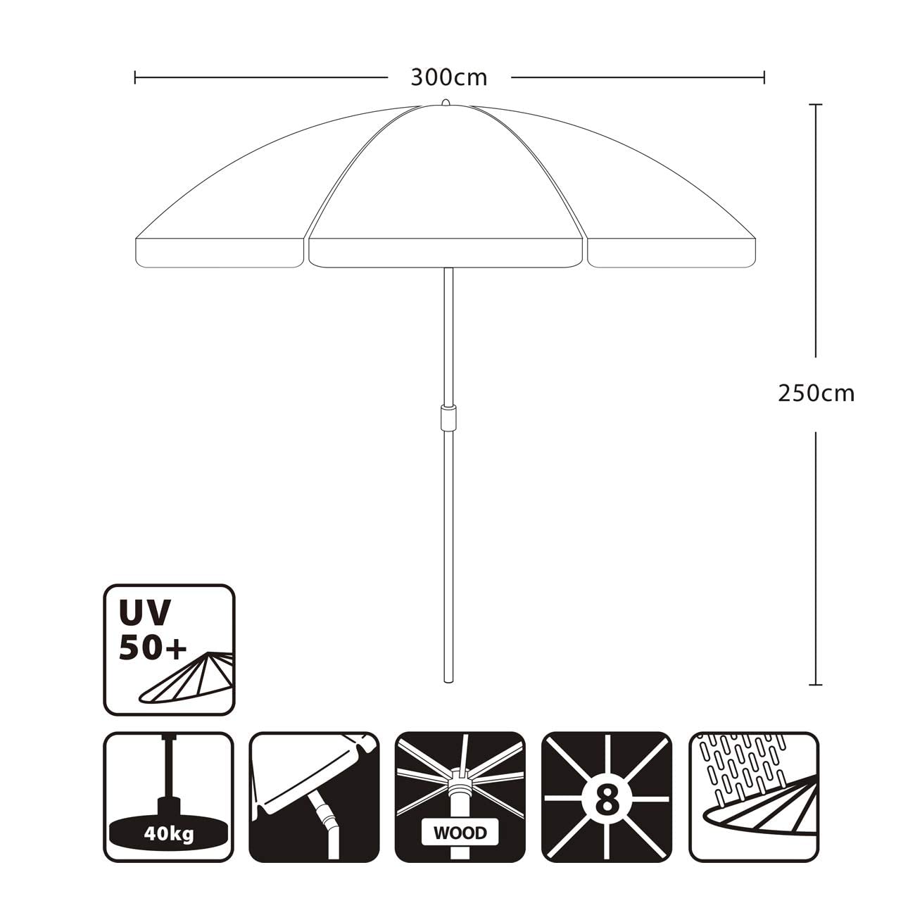 Sekey 300 cm Sonnenschirm Balkon mit Mast 48mm & 8 Streben，Marktschirm Gartenschirm Terrassenschirm Rund UV50+，für Garten Balkon Terrasse
