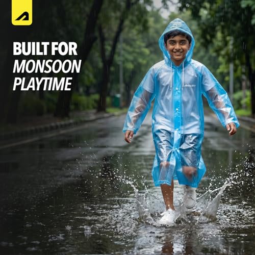 Image of Boldfit Raincoat for Kids Smart Back Long Raincoat with Hood Waterproof Rain Coat for Boys & Girls Lightweight School Poncho Jacket with Pockets & Buttons