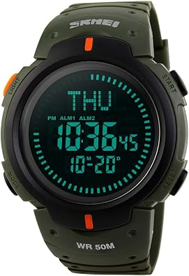 Mens Military Sports Digital Watch with Survival Compass 50M Waterproof Countdown 3 Alarm Stopwatch C-Black Army Green