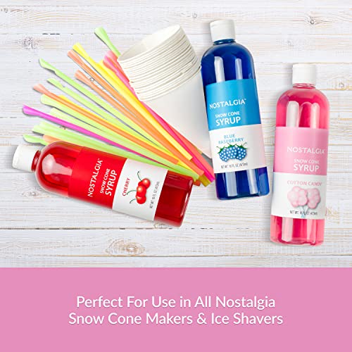 Image of Nostalgia Premium Snow Cone Syrup Party Kit, 20 Snow Cones, 20 Spoons /Straws, Blue Raspberry, Cherry, Cotton Candy