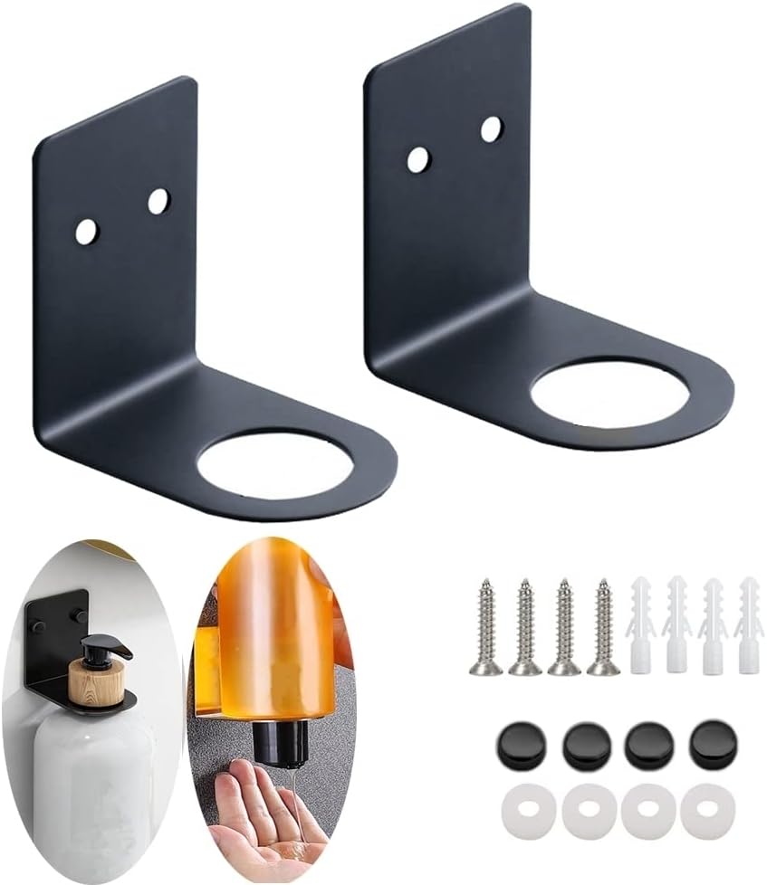 BiJun Soap Bottle Dispenser Holder Wall Mounted, Hand Pump Bottles Dispenser Stand Hanging Rack Shampoo Standing Shelf Storage Holder Bracket for Bathroom Kitchen (Black 4 Pack)