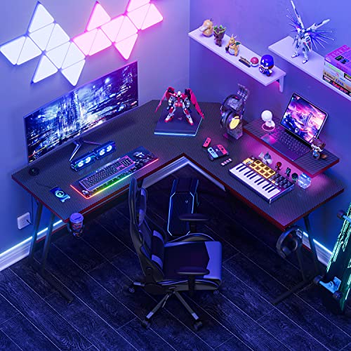 Shahoo Pc Gaming Desk 51 Inch L Shaped Carbon Fiber Surface Desktop Computer Table With Led Monitor Stand, Cup Holder & Headphone Hook, Black #TOP1