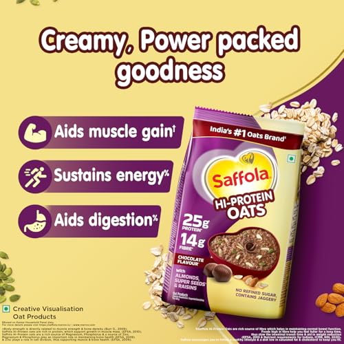 Image of Saffola 25g High Protein Oats | 14g High Fibre | 400g | Chocolate flavour | No Refined Sugar | With Almonds, Raisin, Pumpkin and Chia Seeds | Rolled Oats for Weight management & Muscle gain