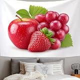 DACRWEKZ Fruchtfotografie Tapestry 150 x 100cm, Apfel, rote Traube, Erdbeere Wandteppich für Wohnzimmer Tagesdecke Zimmer Schlafzimmer Rot
