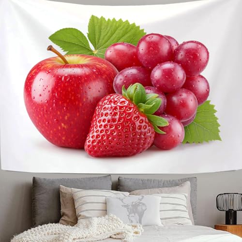 DACRWEKZ Fruchtfotografie Tapestry 150 x 100cm, Apfel, rote Traube, Erdbeere Wandteppich für Wohnzimmer Tagesdecke Zimmer Schlafzimmer Rot