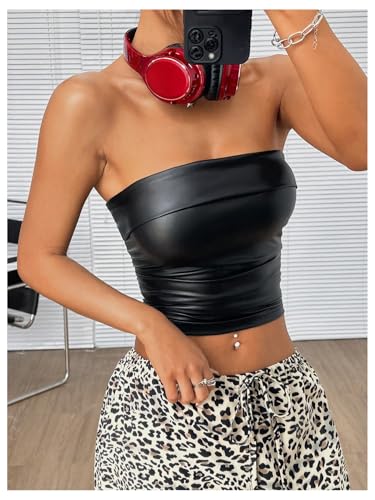 SOLY HUX Women's Faux Leather Crop Tube Top Strapless Sexy Going Out Bandeau Top Party Rave Concert Outfit3