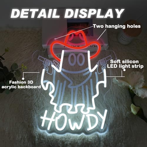 Image of Ghost Cowboy Neon Sign, Howdy Halloween Neon Lights Signs, Western Cowboy Neon Light, Cowboy Ghost Led Sign with USB Powered for Cowboy Farm, Wall Hanging Decor