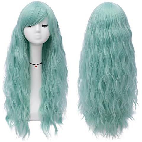 Mildiso Mint Green Wigs for Women 26'' Long Green Wig with Bangs Curly Wavy Natural Cute Soft Wig with Breathable Wig Net M047G Cover