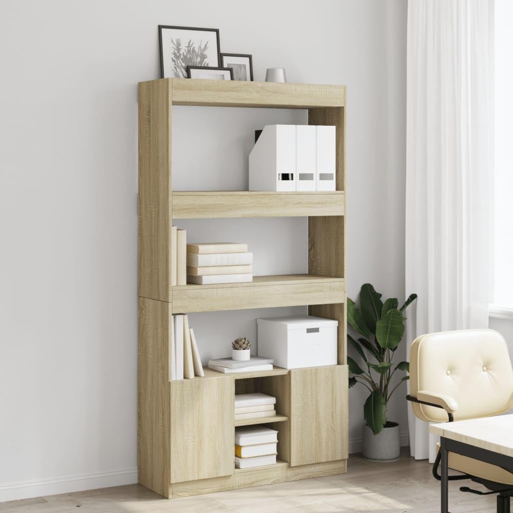 Highboard dąb Sonoma materiał drewnopochodny, 92 x 33 x 180 cm, z dużą ilością miejsca do przechowywania, regał stojący, do salonu, biura, gabinetu, zajmuje mało miejsca i ma wszechstronne