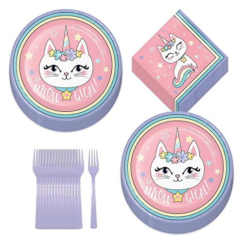 Sassy Caticorn Partyzubehör - Fancy Einhorn Katze Meowgical Papierteller, Lunchservietten und Gabeln (16 Stück) Cover