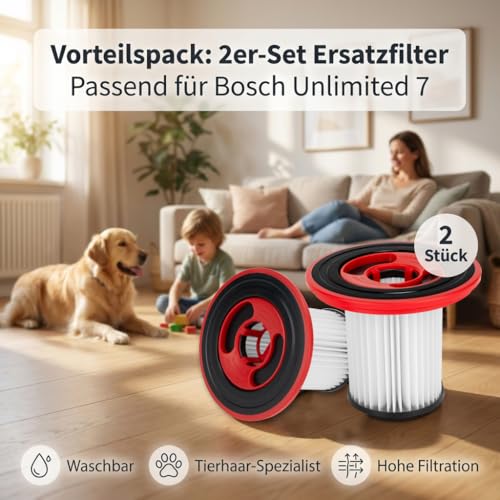 KGC Filter Kompatibel mit Bosch Unlimited 7, 2 Stück Waschbare HEPA Ersatzfilter Zubehör 12040193 für Akku-Staubsauger Serie 7 BKS711XXL BBS711W BBS712A BCS711GB BKS711MALL
