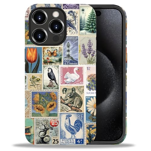 DAIZAG Phone Case Compatible with iPhone 15 Pro Max,Postage Stamp Mixed 2 Layer Soft Silicone+Hard PC Ddouble Protection Ultra-Thin Phone Case for iPhone 15 Pro Max