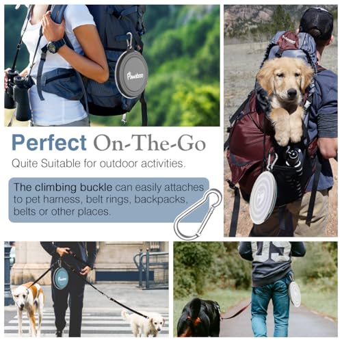 Pawaboo Faltbar Hundenapf, 2 Stück 1000 ml Hund Reisenäpfe Tragbar Silikon Auslaufsicher Trinknapf Fressnapf mit Deckel und Karabiner für Hunde Katzen Spaziergänge Unterwegs, Blau + Grau