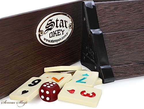 VIP Holz Wooden Rummy Set Okey mit Melamin Steine AHSAP Okey TAKIMI mit Semus Kugeschreiber (Braun)