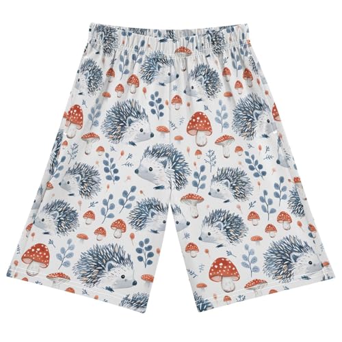 Hedgehog Mushrooms Forest Background Sleep Shorts Summer Pajama Shorts Elastic Waist Sleep Bottoms with Pockets 6-14 Years