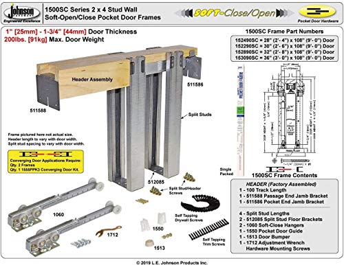 Image of Johnson Hardware 153068SC 1500 Series Soft Close Series Commercial Grade Pocket Door Frame for 2x4 Stud Wall (36 inch x 80 inch)
