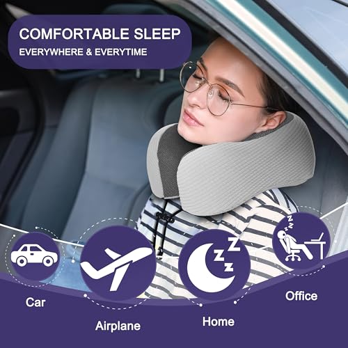 Image of napfun Neck Pillow for Traveling, Upgraded Travel Neck Pillow for Airplane 100% Pure Memory Foam Travel Pillow for Flight Headrest Sleep, Portable Plane Accessories, Mist Gray