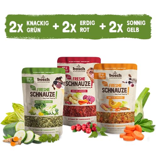 Bosch Freshe Schnauze - Gemüsekiste Aktionspaket 6 x 200 g | Mixpaket mit Roten, Grünen und Gelben Toppings für Hundefutter | Für Trockenfutter und Nassfutter geeignet