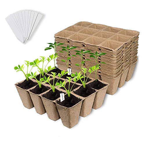 IFLYOOY 12 Packs Peat Pots Seed Starter Tray, 144 Cells Biodegradable Seedling Pots Germination Trays, Organic Plant Starter Kit with 20 PCS Plant Labels(12PCS)