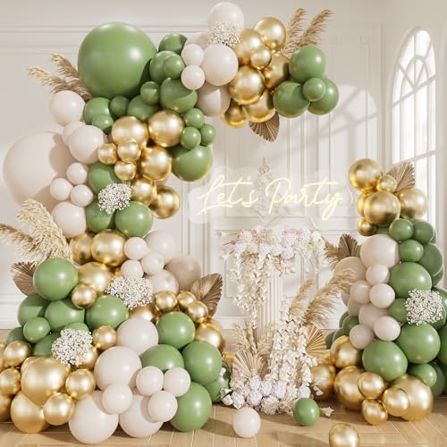 Adeyoo Green and Gold Balloon Arch Kit Garland - Sage Green Balloon Arch Kit with White and Gold Balloons for Jungle Safari Birthday Wedding Baby Shower Graduation Party Decorations