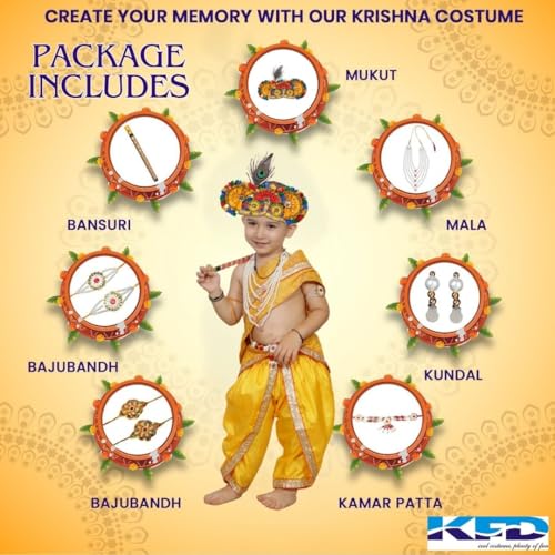 Image of Kaku Fancy Dresses Krishna Costume With Dhoti For Boy /Janmashtami /Bal Gopal Dress /Kanha Costume /Bal Krishna /Mythological Costume For Boy - Yellow-Red, 1-2 Years