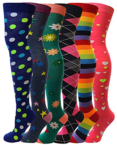 SUMONA 6 Pairs Pack Women Multi Neon Color Fancy Design Thigh High Over the Knee Socks Stockings