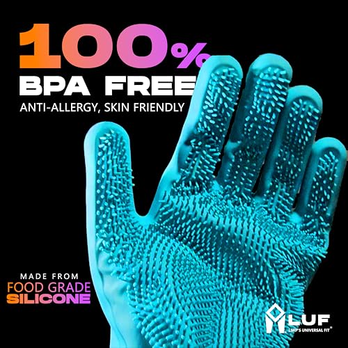 Image of LUF Dishwashing Hand Gloves for Kitchen, 100% BPA Free Silicone Gloves for Washing Utensils, Dog Cleaning & Pet Bathing, Cooking | Waterproof - Heat Resistant - Long Scrubber - Reusable - 1 Pair