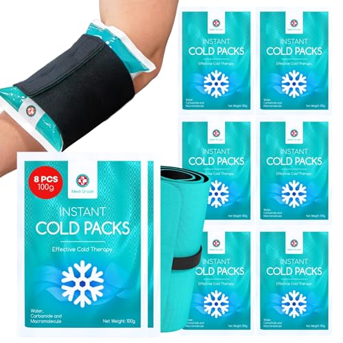 Medi Grade Bolsas de Frío Instantáneo, 8 uds de 100 g – Bolsas de Gel Frío para Alivio Rápido, Sin Frigorífico con Banda de Sujeción –ideal para Lesiones en Tobillos y Rodillas –Medidas 11,43x15,24 cm