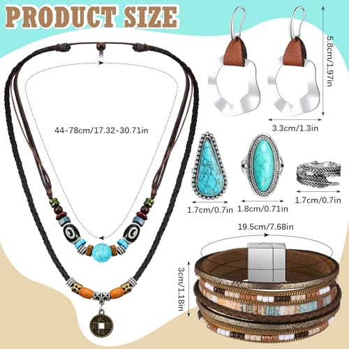 Image of Ecally Bohemian Western Jewelry Turquoise Set Women Country Pendant Long Choker Layered Bracelets Earrings Ring for Women
