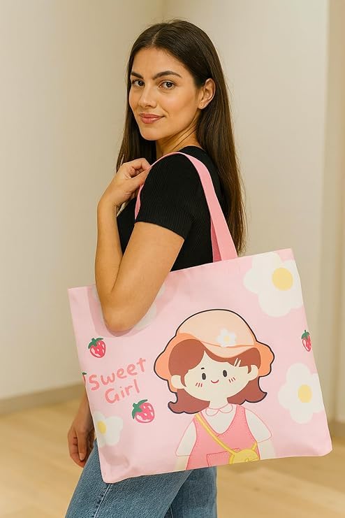 K2P Trendy Tote Bag for Women and Girls, Shoulder Handbag, Stylish Large Capacity Canvas Tote for College, Office, Shopping, Travel and Daily Use, Eco-Friendly Reusable Bag (PINK) 1