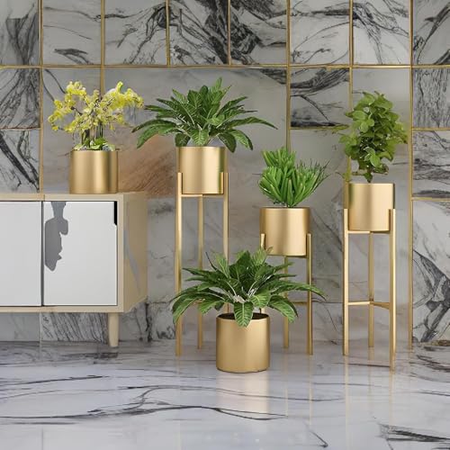 Image of NMT Metal Flower Plant Pots for Living Room, Bedroom | Tall Indoor Planters Pots Self Watering Rust-Free for Home Decor Living Room Set 3 || Golden