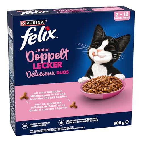 Felix Doppelt Lecker Junior Katzenfutter trocken, mit Huhn, Truthahn und Gemüse, 5er Pack (5X 800g)