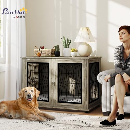 PawHut Dog Crate Furniture, Dog Cage with Soft Washable Cushion, Furniture-Style Pet Kennel Indoor House End Side Table for Small Medium Large XL Breeds, 118 x 75 x 82 cm, Grey - Image 3