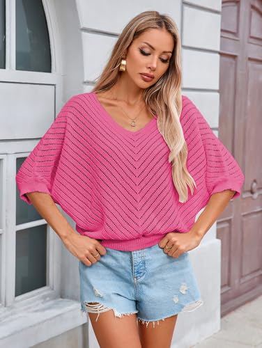 Image of Libsorge Womens Sexy V Neck 3 /4 Sleeve Sweater Spring 2025 Trendy Dressy Casual Outfits Lightweight Crochet Knit Pullover Top
