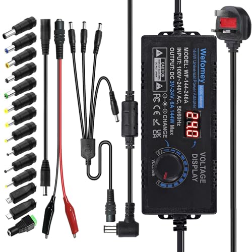 Universal Power Supply 3V~24V 6A 144W Adjustable Variable 3V 5V 9V 12V 18V 20V 24V AC/DC Adapter Charger 100V-240V AC to DC Converter with 14 Tips Polarity Converter and 4-Way Power Splitter Cable