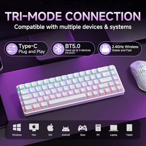 Image of DIERYA DK68 60% Wireless Mechanical Gaming Keyboard, 3-Mode, Bluetooth 5.0 /2.4G /USB-C, RGB Backlit, 68-Key Compact Mini for Windows, Mac, Linux - Linear Red Switch - White