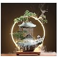 HSINYA Ceramic Buddha Water Fountains Indoor Waterfall with LED 2 Buddhas Mist Water Fountain with Backflow Incense Holder for Feng Shui Strees Relief Wealth-Booming Japanese Decor