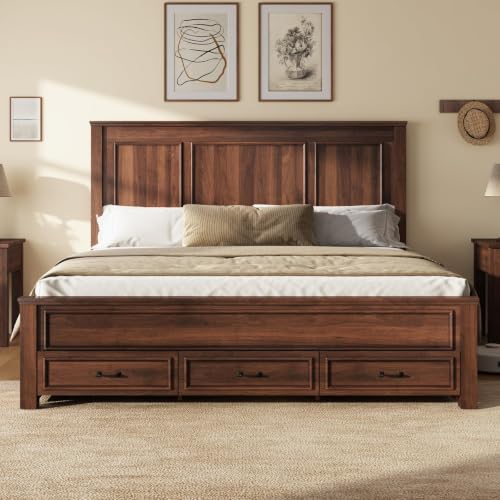 Image of AMERLIFE 52.2 inch King Size Farmhouse Bed Frame with Headboard, Rustic Brown | Tall Panel Headboard & Footboard, Wood Platform Bed with 3 Large Storage Drawers, No Box Spring Required, Noise-Free Design