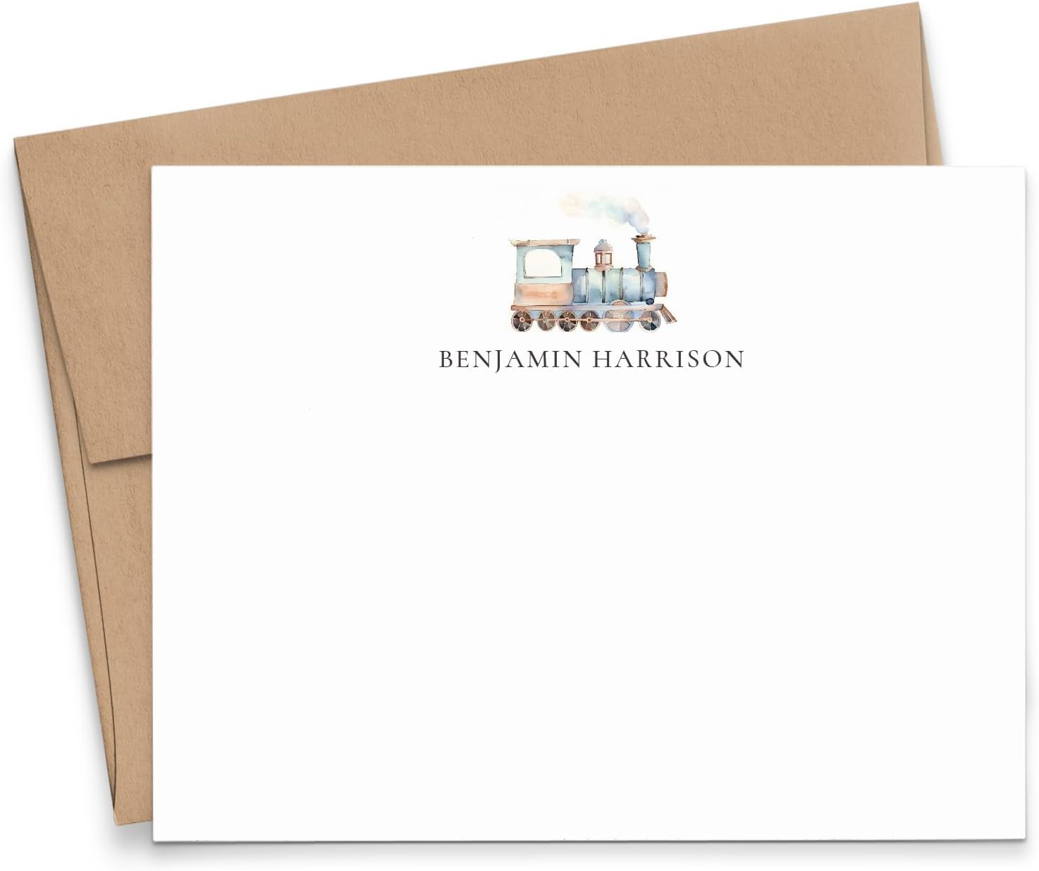 Custom Watercolor Stationery Note Cards For Kids, FLAT Train Stationary Notecards And Envelopes, Train Thank You Cards With Name, Childrens Stationery Set For Boys, Your Choice of Colors And Quantity