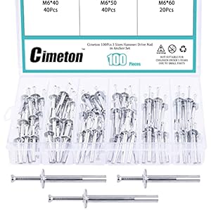 Cimeton 100Pcs 1/4” Hammer Drive Nail in Anchor Set, 40/50/60MM Anchor Drive Expansion Nail Mushroom Head Iron Nail…