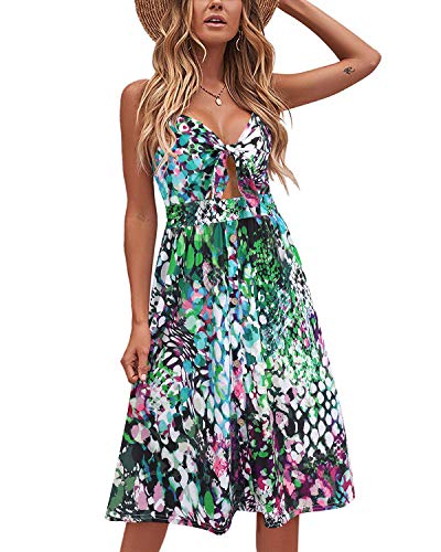 VOTEPRETTY Womens Summer Floral Sundress V Neck Tie Front Spaghetti Strap Beach Dresses with Pockets (Floral18,S)