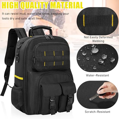 Image of Tool Backpack, Heavy Duty Tool Bag with Padded Shoulder and Removable Tool Organizer, Water-Resistant Work Backpack, for Electrician, Plumber, HVAC, Cable Repairman, Black & Yellow