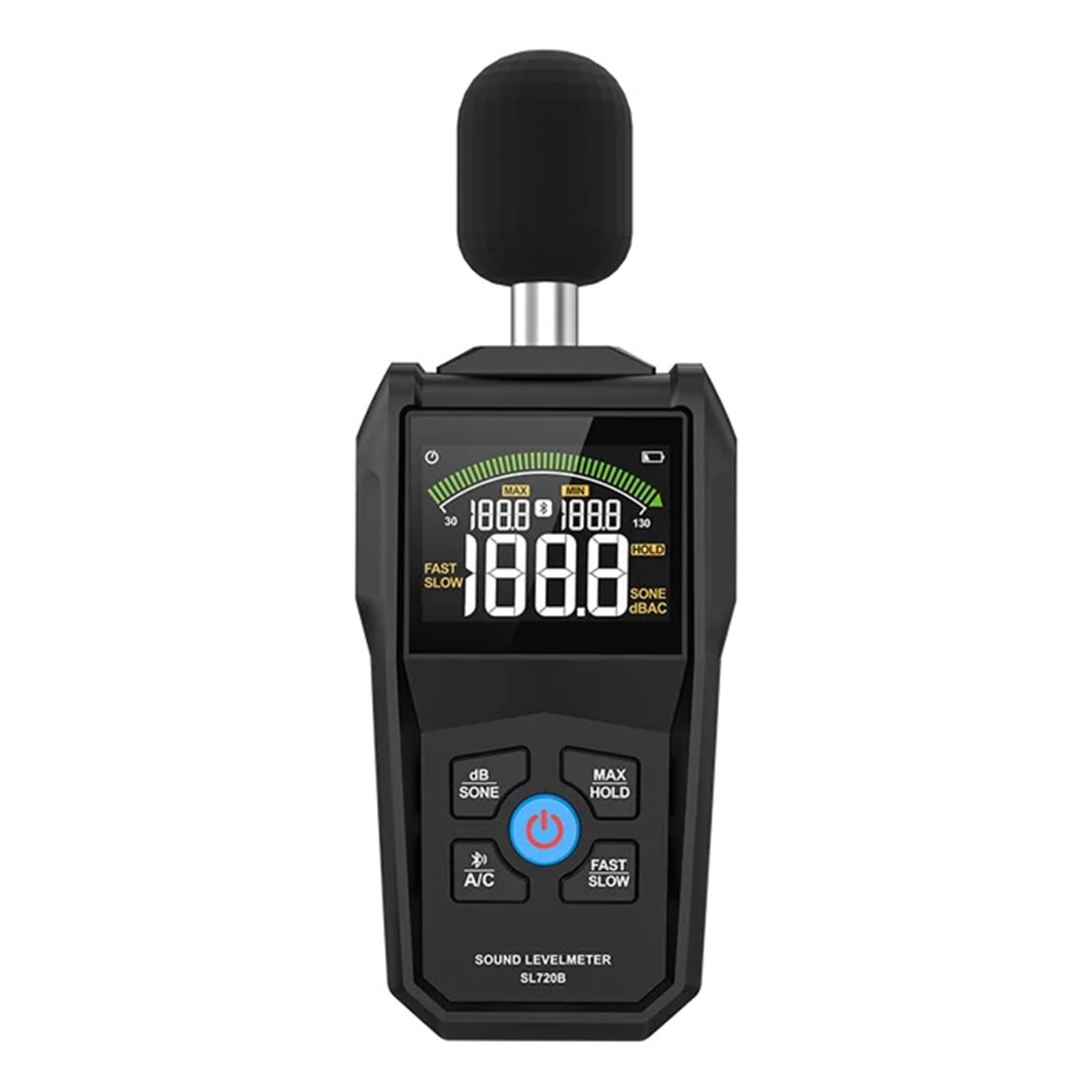 Geräuschpegelmesser, Farbdisplay, schnelle und langsame Abtastrate, Kondensatormikrofon-Monitor, 30–130 dB, Hintergrundbeleuchtung