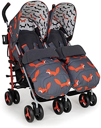 Cosatto Supa Dupa Double Stroller  Pushchair from Birth 0-25kg, Lightweight, Compact Fold, with Footmuffs, Cup Holder & Raincovers (Charcoal Mister Fox)